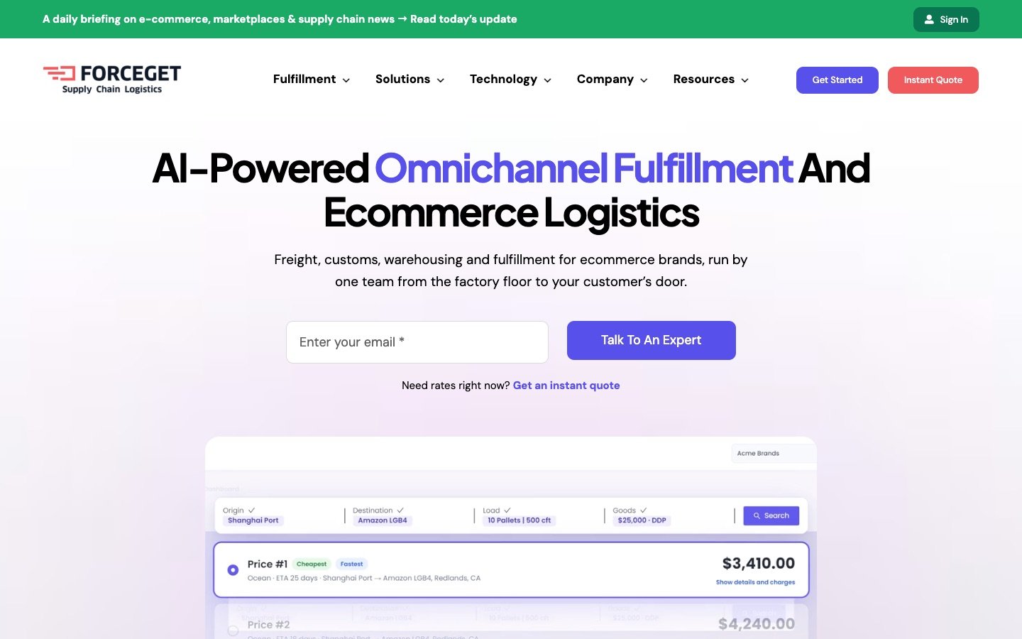 ForceGet supply chain logistics website on desktop
